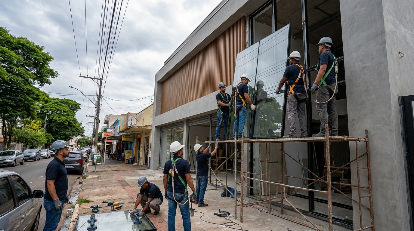 Fachada de vidro com andaime lateral em Barueri-SP